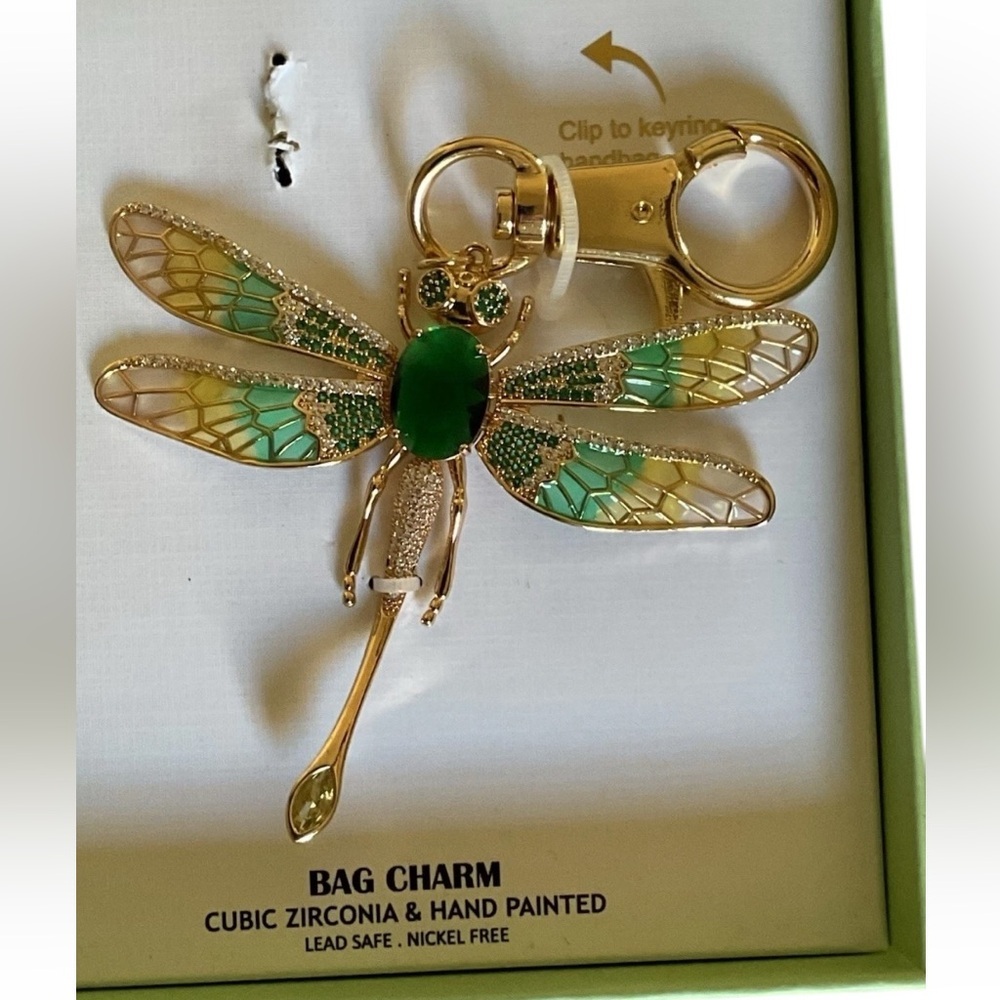 PIPER K Dragonfly Gold Hand-Painted with CZ Articulated Wings Bag Charm NEW NWT - Picture 11 of 15